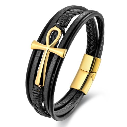 PU Leather Cord Bracelets, with 304 Stainless Steel, Cross, Vacuum Ion Plating, vintage & for man, more colors for choice, Length:21 cm, Sold By PC
