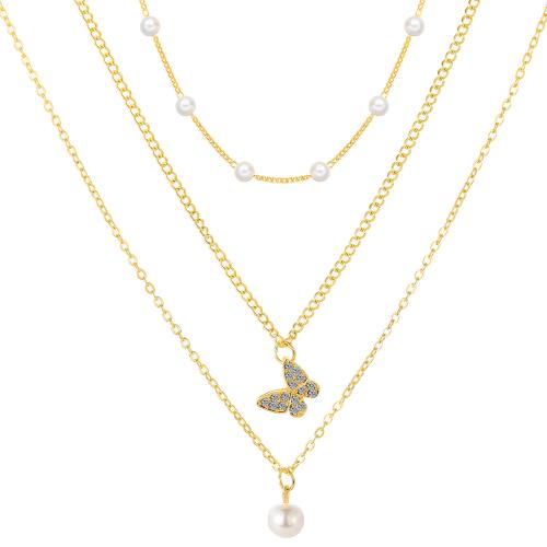 Collier de bijoux en alliage de zinc, avec cristal & perle de plastique, trois couches & bijoux de mode & pour femme, Or, Longueur:51-80 cm, Vendu par PC