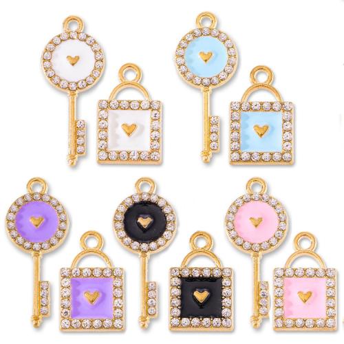 Tibetan Style Enamel Pendants, Lock and Key, gold color plated, DIY & different styles for choice & with rhinestone, more colors for choice, 20PCs/Bag, Sold By Bag