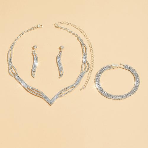 Brass Jewelry Set Stud Earring & bracelet & necklace three pieces & fashion jewelry & for woman & with rhinestone silver color nickel lead & cadmium free Sold By PC