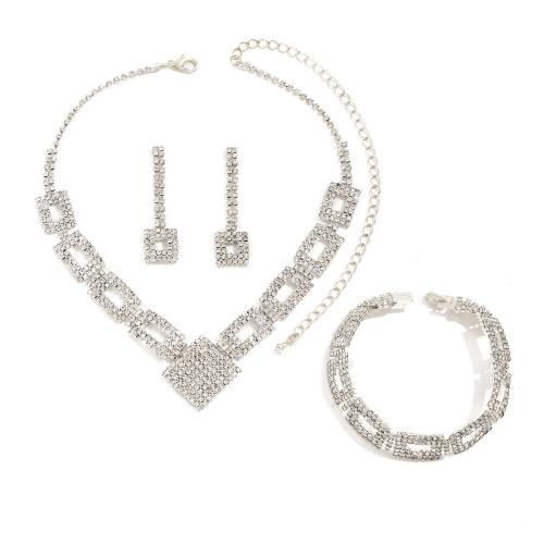 Brass Jewelry Set Stud Earring & bracelet & necklace plated fashion jewelry & for woman & with rhinestone silver color nickel lead & cadmium free Sold By Set