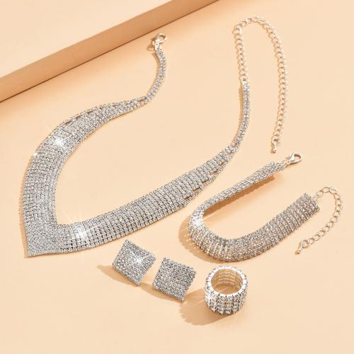 Tibetan Style Jewelry Sets, Stud Earring & finger ring & bracelet & necklace, plated, 4 pieces & fashion jewelry & for woman & with rhinestone, silver color, nickel, lead & cadmium free, Sold By Set