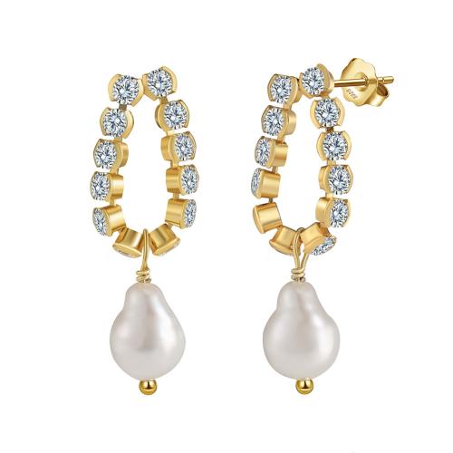 Freshwater Pearl Earrings 925 Sterling Silver with Freshwater Pearl plated micro pave cubic zirconia & for woman golden 28.50mm Sold By Pair