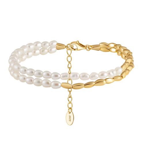 Bracelet en perles de culture d'eau douce, argent sterling 925, avec perle d'eau douce cultivée, avec 5CM chaînes de rallonge, Placage, pour femme, doré, Longueur:Environ 16.5 cm, Vendu par PC