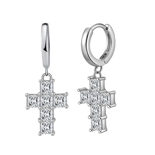 Cubic Zirconia Micro Pave Sterling Silver Earring 925 Sterling Silver Cross plated micro pave cubic zirconia & for woman platinum color 26mm Sold By Pair