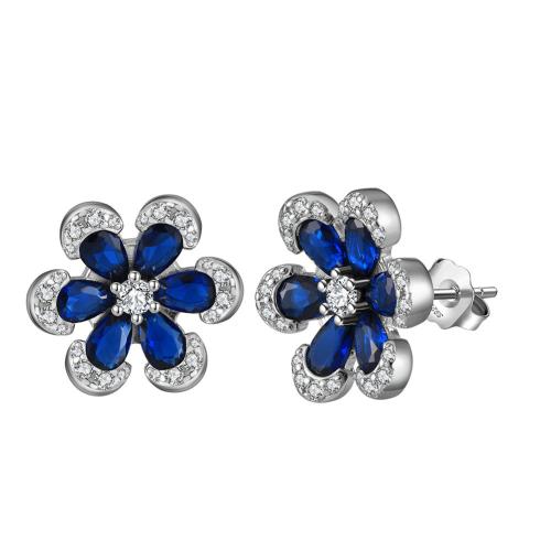 Cubic Zirconia Micro Pave Sterling Silver Earring 925 Sterling Silver with Sapphire plated micro pave cubic zirconia & for woman platinum color 15mm Sold By Pair