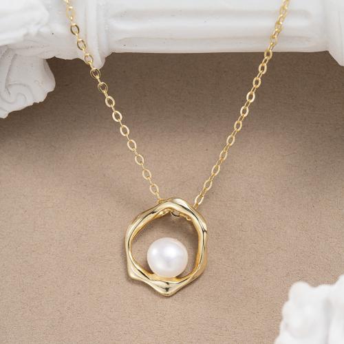 925 Sterling Silver Necklaces, with Freshwater Pearl, plated, for woman, golden, Length:Approx 45 cm, Sold By PC