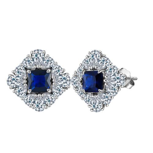 Cubic Zirconia Micro Pave Sterling Silver Earring 925 Sterling Silver with Sapphire plated micro pave cubic zirconia & for woman platinum color 17mm Sold By Pair