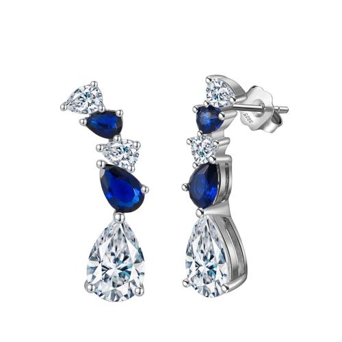 Cubic Zirconia Micro Pave Sterling Silver Earring 925 Sterling Silver with Sapphire plated micro pave cubic zirconia & for woman platinum color 23.50mm Sold By Pair