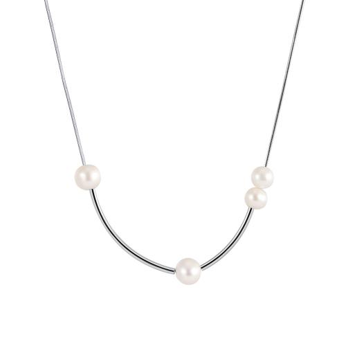925 Sterling Silver Necklaces, with Freshwater Pearl, with 5CM extender chain, plated, for woman, platinum color, Length:Approx 40 cm, Sold By PC