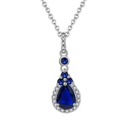 Cubic Zircon Micro Pave 925 Sterling Silver Necklace with Sapphire plated micro pave cubic zirconia & for woman platinum color Length Approx 45 cm Sold By PC