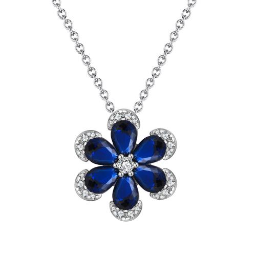 Cubic Zircon Micro Pave 925 Sterling Silver Necklace, with Sapphire​, plated, micro pave cubic zirconia & for woman, platinum color, Length:Approx 45 cm, Sold By PC
