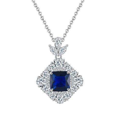 Cubic Zircon Micro Pave 925 Sterling Silver Necklace, with Sapphire, plated, micro pave cubic zirconia & for woman, platinum color, Length:Approx 45 cm, Sold By PC
