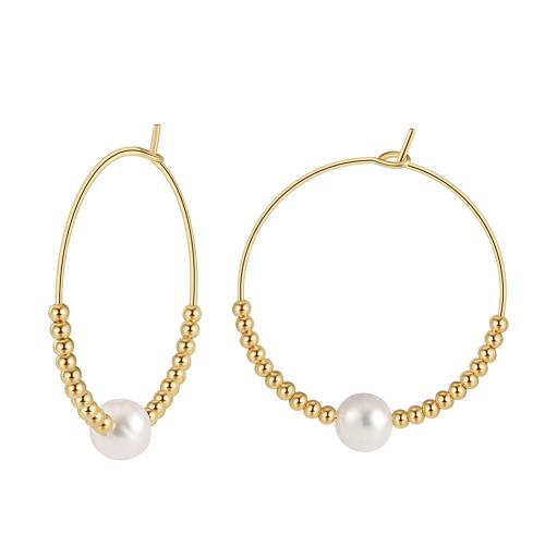 925 Sterling Silver Hoop Earrings, with Freshwater Pearl, plated, for woman, gold, Sold By Pair