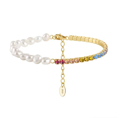 925 Sterling Silver Bangle Bracelet with Freshwater Pearl with 5CM extender chain plated micro pave cubic zirconia & for woman gold Length Approx 16.5 cm Sold By PC