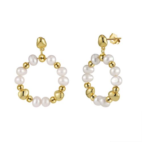 925 Sterling Silver Stud Earrings with Freshwater Pearl plated for woman gold 33.50mm Sold By Pair