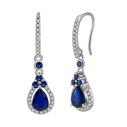 Cubic Zirconia Micro Pave Sterling Silver Earring 925 Sterling Silver with Sapphire plated micro pave cubic zirconia & for woman platinum color 31mm Sold By Pair