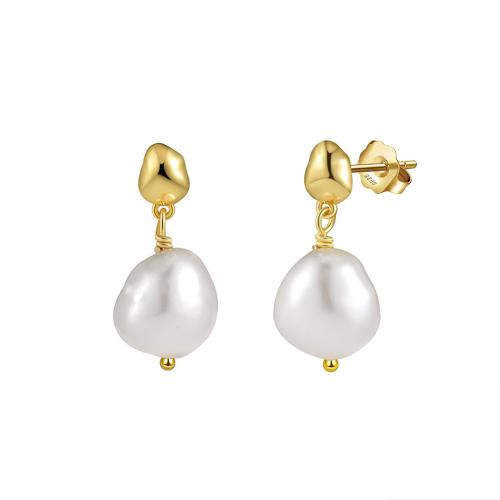 925 Sterling Silver Stud Earrings with Freshwater Pearl plated for woman golden 21mm Sold By Pair
