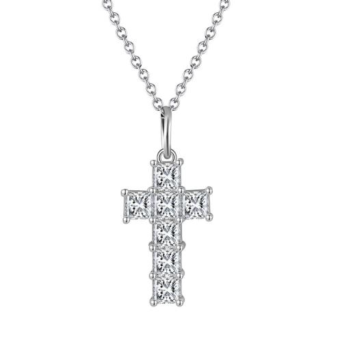 Cubic Zircon Micro Pave 925 Sterling Silver Necklace Cross plated micro pave cubic zirconia & for woman platinum color Length Approx 45 cm Sold By PC