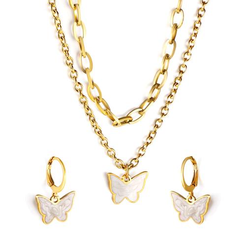304 rozsdamentes acél Jewelry Set, fülbevaló & nyaklánc, -val White Shell, arany színű aranyozott, 2 darab & különböző stílusokat a választás & a nő, Által értékesített Set
