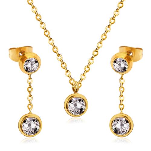304 Stainless Steel Jewelry Set earring & necklace gold color plated 2 pieces & micro pave cubic zirconia & for woman Length Approx 17.7 Inch Sold By Set