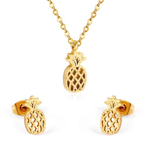 304 Stainless Steel Jewelry Set Stud Earring & necklace gold color plated 2 pieces & for woman & with rhinestone Length Approx 17.7 Inch Sold By Set