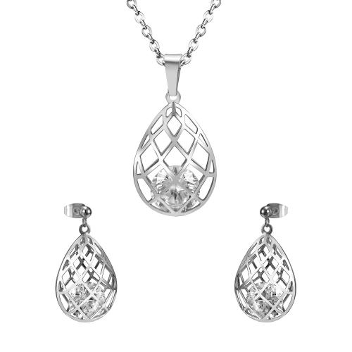 304 Stainless Steel Jewelry Set earring & necklace 2 pieces & micro pave cubic zirconia & for woman Length Approx 17.7 Inch Sold By Set