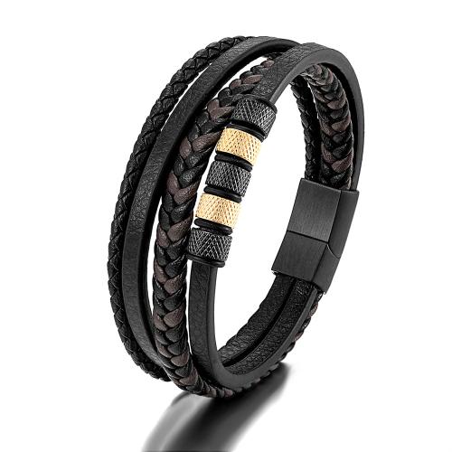 PU Leather Cord Bracelets, 316L Stainless Steel, with Microfiber PU & Split Layer Cowhide Leather, fashion jewelry & multilayer & for man, more colors for choice, Length:Approx 21.5 cm, Sold By PC