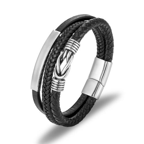 Bracelets cordon PU, acier inoxydable 316L, avec Microfibre PU & Cuir de vachette couche, bijoux de mode & styles différents pour le choix & pour homme, noire, Longueur:Environ 21.5 cm, Vendu par PC