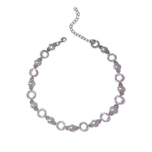 Fashion Choker Necklace, Tibetan Style, with Plastic Pearl, with 7cm extender chain, fashion jewelry & for woman & with rhinestone, silver color, nickel, lead & cadmium free, Length:Approx 32 cm, Sold By PC