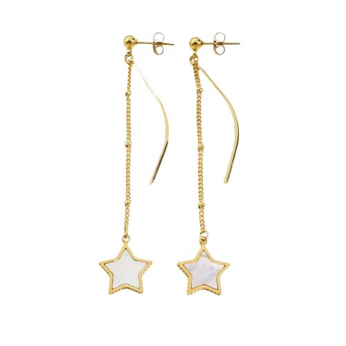 Stainless Steel Drop Earring, 304 Stainless Steel, with Shell, Star, Vacuum Ion Plating, fashion jewelry & for woman, white, 14x75mm, Sold By Pair