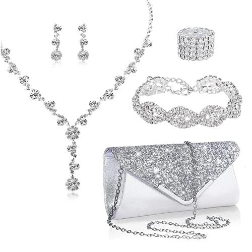 Conjuntos de joyería de aleación de zinc, relojes & anillo de dedo & pendiente & collar, con paño, chapado en color de plata, para mujer & con diamantes de imitación, libre de níquel, plomo & cadmio, Vendido por Set