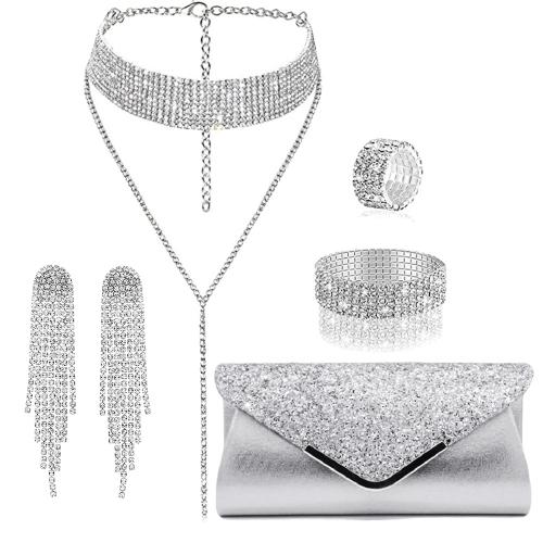 Zinc Alloy Jewelry Sets finger ring & bracelet & earring & necklace silver color plated for woman & with rhinestone nickel lead & cadmium free Sold By Set