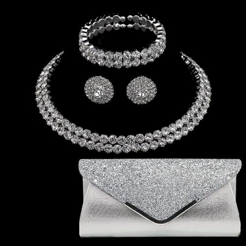 Conjuntos de joyería de aleación de zinc, Pendiente de stud & pulsera & collar, chapado en color de plata, 4 piezas & para mujer & con diamantes de imitación, libre de níquel, plomo & cadmio, Vendido por Set