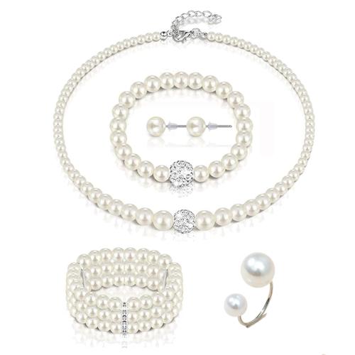 Tibetan Style Jewelry Sets, Stud Earring & finger ring & bracelet & necklace, with Plastic Pearl, silver color plated, 6 pieces & for woman & with rhinestone, white, nickel, lead & cadmium free, Sold By Set