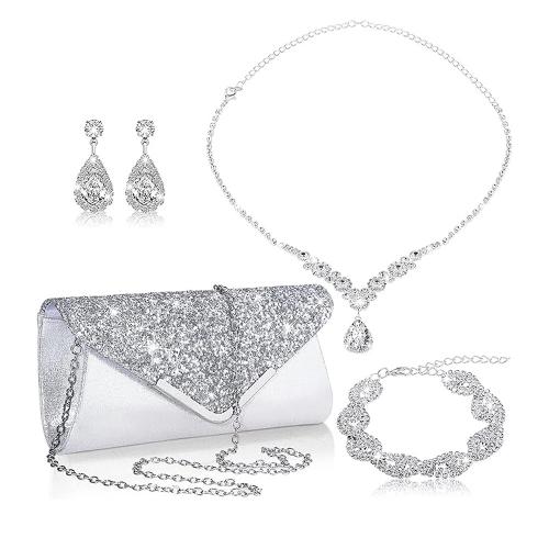 Zinc Alloy Jewelry Sets bracelet & earring & necklace with Cloth silver color plated 4 pieces & for woman & with rhinestone nickel lead & cadmium free Sold By Set