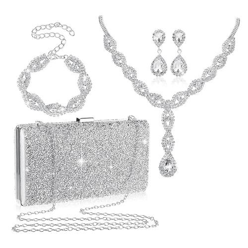Tibetan Style Jewelry Sets, bracelet & earring & necklace, with Cloth, silver color plated, 4 pieces & different styles for choice & for woman & with rhinestone, more colors for choice, nickel, lead & cadmium free, Sold By Set