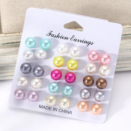 Tibetan Style Stud Earring, with Plastic Pearl, stoving varnish, fashion jewelry & for woman, multi-colored, 15Pairs/Lot, Sold By Lot