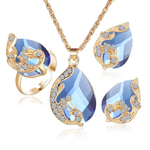Tibetan Style Jewelry Sets, Stud Earring & finger ring & necklace, with Crystal, plated, three pieces & fashion jewelry & for woman, blue, nickel, lead & cadmium free, Sold By Set
