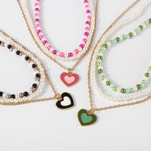 Zinc Alloy smykker halskæde, med Plastic Pearl, håndlavet, tre stykker & for kvinde & emalje, flere farver til valg, nikkel, bly & cadmium fri, Længde 15.74-22.04 inch, Solgt af sæt