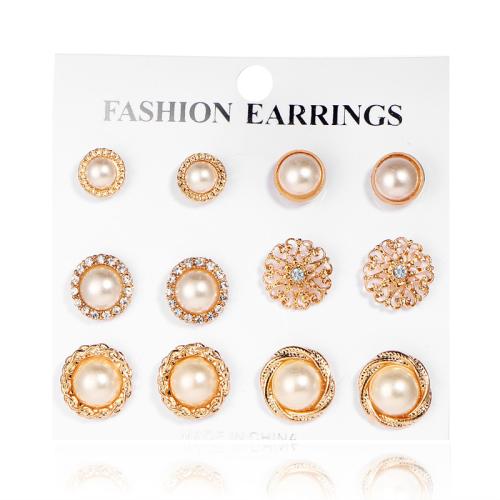 Tibetan Style Stud Earring, with Plastic Pearl, 6 pieces & for woman & with rhinestone, nickel, lead & cadmium free, Sold By Set