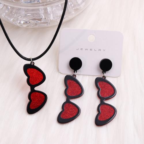 Acrylic Jewelry Set, Stud Earring & necklace, with Wax Cord, Glasses, printing, fashion jewelry & different styles for choice & for woman, more colors for choice, Necklace length :40cm, tail chain :5cm; Stud size :6.1x1.8cm., Sold By Pair
