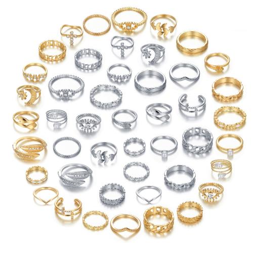 Zinc Alloy ring Set, med Plastic Pearl, forgyldt, for kvinde & med rhinestone, flere farver til valg, Størrelse:6.5-9, Solgt af sæt