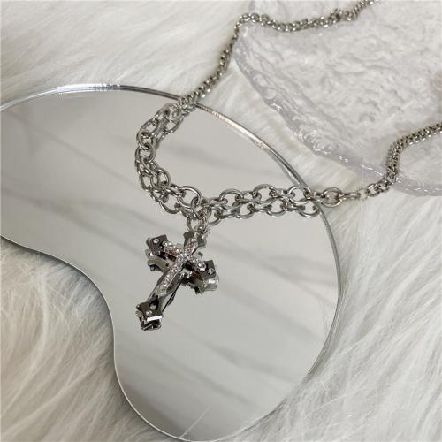 Zinc Alloy Jewelry Necklace with Copper Coated Iron Cross silver color plated fashion jewelry & Unisex & with rhinestone nickel lead & cadmium free Sold By PC