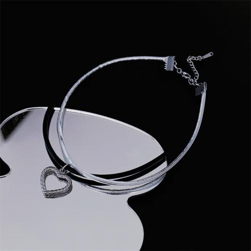Ожерелье Мода Choker, титан, с кожаный шнур, с 6cm наполнитель цепи, Связанный вручную, Двойной слой & ювелирные изделия моды & Женский, длина:Приблизительно 32 см, продается PC