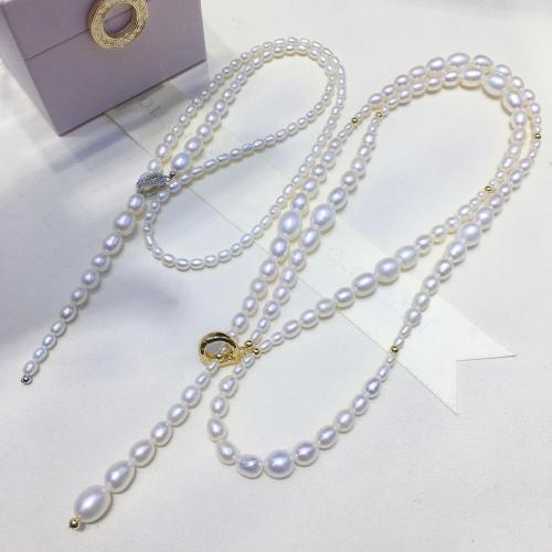 Пресноводные перлы ожерелье цепи свитера, Пресноводные жемчуги, с Медный сплав, Рисообразная, ювелирные изделия моды & разный размер для выбора & Женский, белый, продается PC