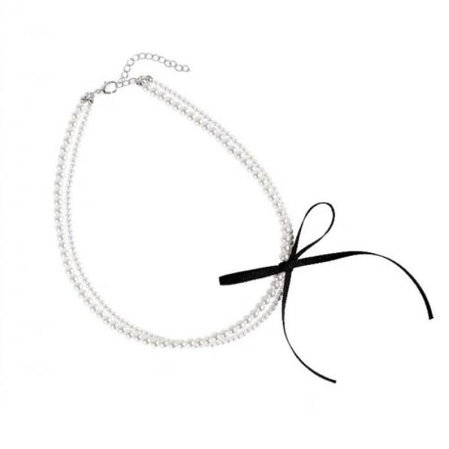 Fashion Choker Necklace, Plastic Pearl, with Cloth, with 6cm extender chain, handmade, Double Layer & fashion jewelry & for woman, Length:Approx 35 cm, Approx 36 cm, Sold By PC