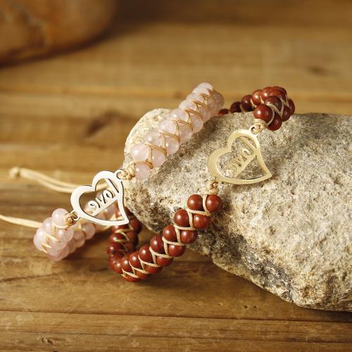 Bracelets quartz, quartz rose, avec corde de cire & Jaspe rouge & Acier inoxydable 304, coeur, fait à la main, bijoux de mode & pour femme, plus de couleurs à choisir, Longueur:Environ 16-26 cm, Vendu par PC