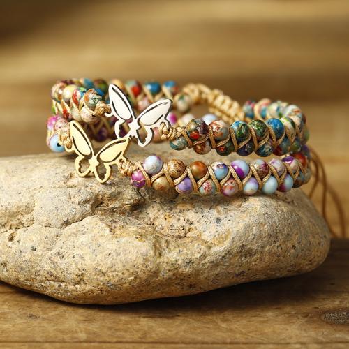 Bracelets de pierres précieuses, Jaspe d'impression, avec corde de cire, papillon, fait à la main, bijoux de mode & pour femme, plus de couleurs à choisir, Longueur:Environ 16-26 cm, Vendu par PC