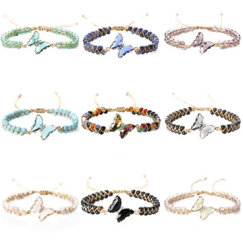 Gemstone Bracelets, with Wax Cord, Butterfly, handmade, Double Layer & different materials for choice & for woman, Length:Approx 16-26 cm, Sold By PC